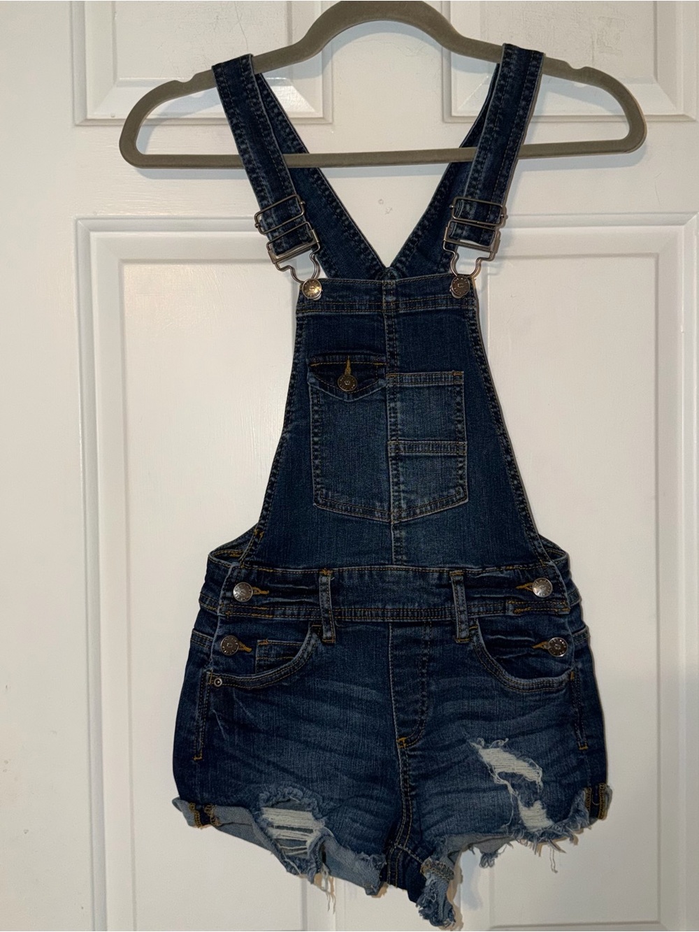 Hot Kiss y2k dark blue Denim Shortalls Overalls Distressed 0